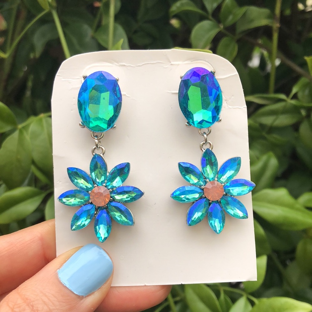 Aquamarine AB + Pink Opal Flower Statement Earrings - Picture 4 of 5